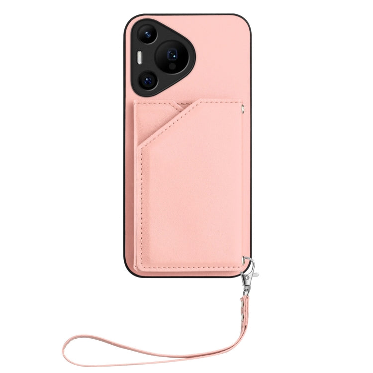 Funda para Huawei Pura 70 Pro con 4 Ranuras para Tarjetas y Correa para Muñeca (Rosa)