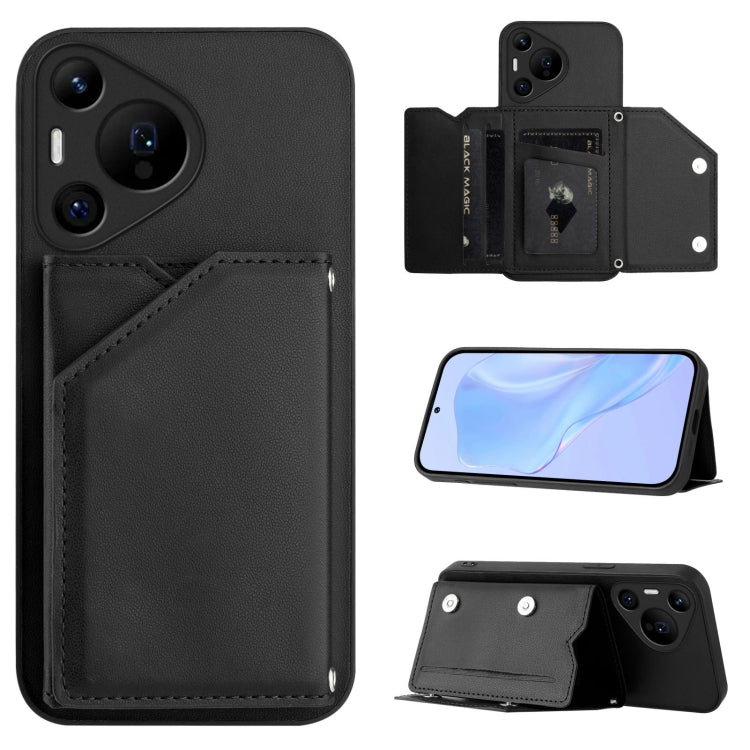 Funda para Huawei Pura 70 Pro con 4 Ranuras para Tarjetas y Correa para Muñeca (Negra)