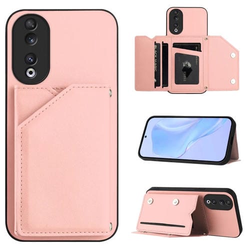 Funda para Teléfono Honor 90 Skin Feel con 4 Ranuras para Tarjetas y Correa para Muñeca (Rosa)