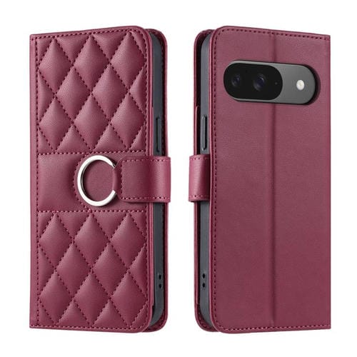 Funda de Cuero con Diseño Rómbico y Hebilla de Anillo para Google Pixel 9/9 Pro (Roja)