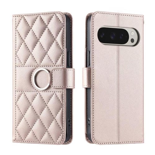 Funda de Cuero con Diseño Rómbico y Hebilla de Aro para Google Pixel 9 Pro XL (Oro Rosa)