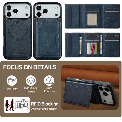 Funda para iPhone 17 Pro Max LC.IMEEKE L5 Series con tarjetero RFID desmontable y Magsafe (azul)