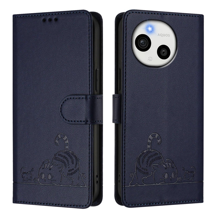 Funda de Cuero RFID para Sharp Aquos Sense9 con Estampado de Rata y Gato y Cordón (Azul)
