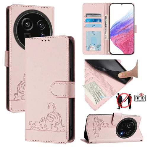 Funda de Cuero RFID con Estampado de Rata y Gato para Sharp Aquos R9 Pro con Cordón (Rosa)