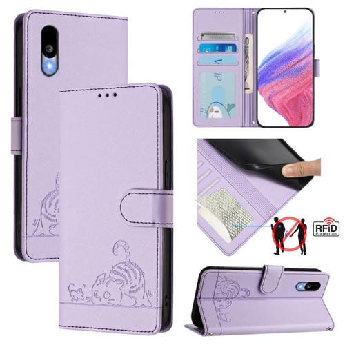 Funda de Cuero Rfid para Sharp Basio Active 3 con Patrón Gato y Rata y Cordón (Morado)