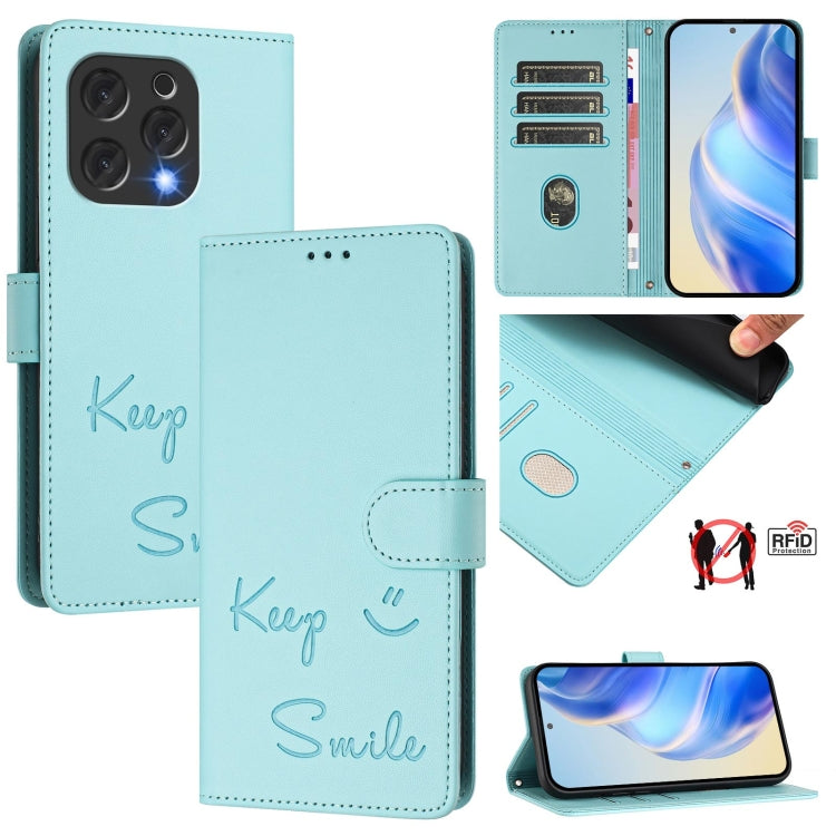 Funda de Cuero Rfid con Relieve Sonriente para Teléfono Doogee N55 Plus (Verde Menta)