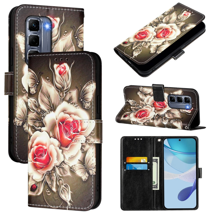 Funda de Cuero para Infinix Hot 50 Pro+ 4G con Patrón de Dibujo de Colores (Rosas Sobre Negro)