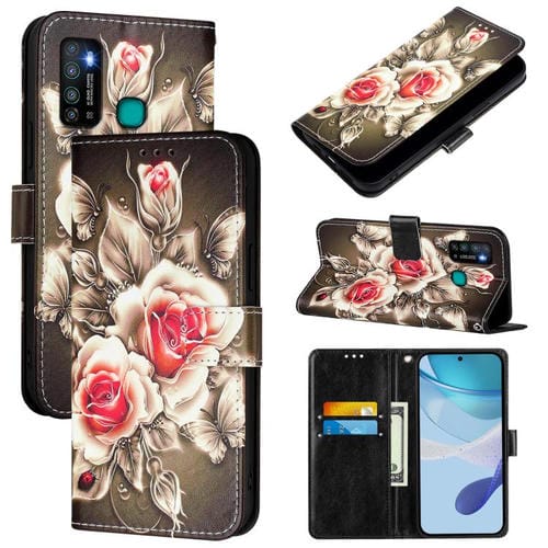 Funda de Cuero para Infinix Hot 9 y Hot 9 Pro con Patrón de Dibujo de Colores (Rosas Sobre Negro)