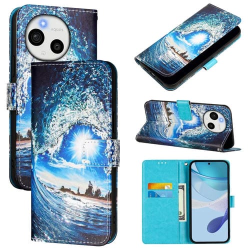 Funda de Cuero para Sharp Aquos Sense9 con Diseño de Dibujos Ondas y Sol