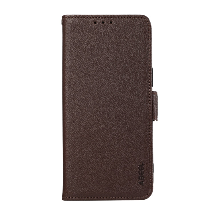 Funda de Cuero con Patrón de Lichi y Cierre Magnético Lateral para OnePlus 13 Abeel (Marrón)