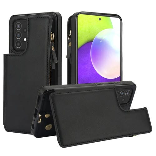 Funda Cuero Rfid Samsung Galaxy A72 5G con Cremallera Doble Solapa y Cordón Corto (Negro)