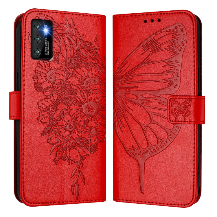 Funda de Cuero para Cubot P50 con Diseño de Mariposa en Relieve (Roja)