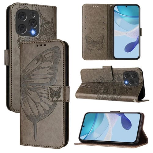 Funda de Cuero Doogee N55 Plus con Diseño Mariposa en Relieve (Gris)