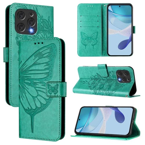 Funda de Cuero Doogee N55 Plus con Diseño de Mariposa en Relieve (Verde)