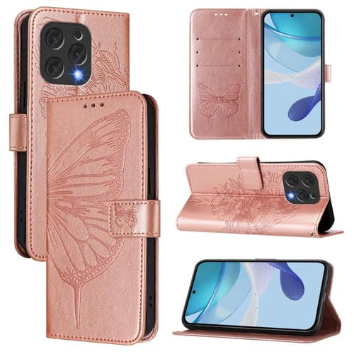 Funda de Cuero Doogee N55 Plus con Diseño de Mariposa en Relieve (Oro Rosa)