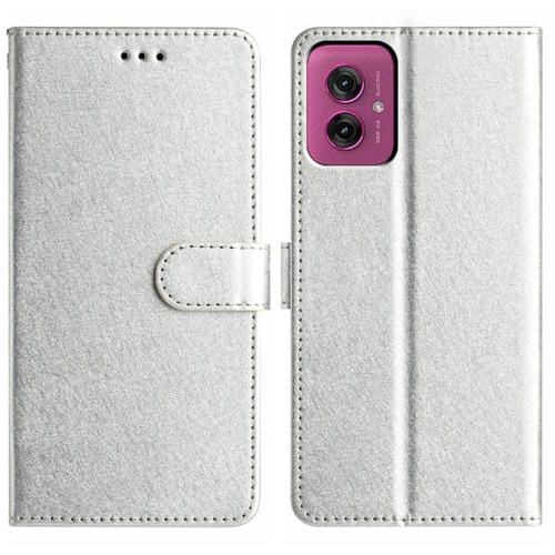Funda de Cuero con Tapa Horizontal y Textura de Seda para Motorola Moto G55 (Plateada)