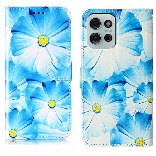 Funda de Cuero para Motorola Moto G75 con Patrón de Mármol y Dibujo Flor Azul