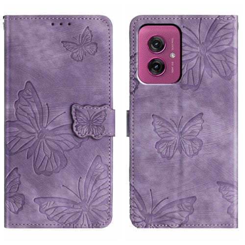 Funda de Piel con Relieve de Mariposa para Motorola Moto G55 (Morado)