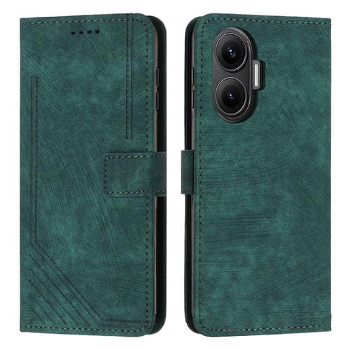 Funda de piel con estampado de rayas y cordón para Xiaomi Poco F7 (verde)