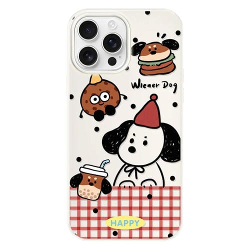 Funda híbrida TPU Policarbonato iPhone 16 Pro con Tacto Gelatina (Beige) Diseño Perro Salchicha Hamburguesa