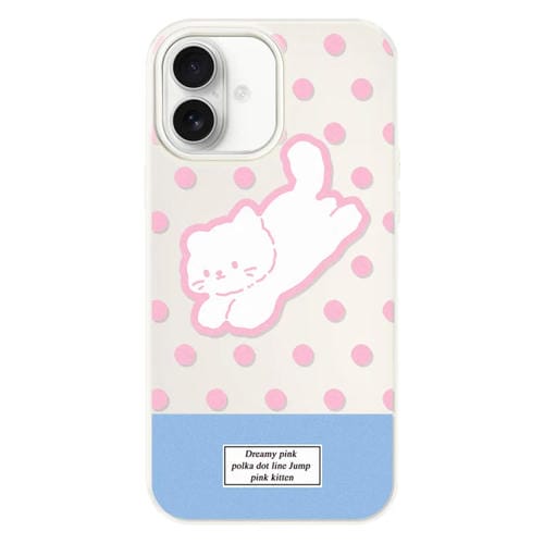 Funda Híbrida TPU y Policarbonato para iPhone 16 Plus (Gatito con Lunares en Blanco)