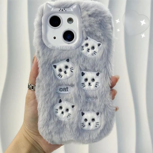 Funda de Silicona para iPhone 15 Bordado de Gato (Gris)
