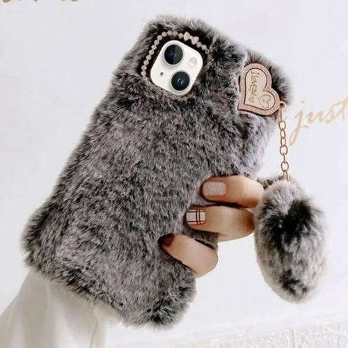 Funda de Silicona con Colgante y Flores de Diamantes Dorados para iPhone 15 Plus (Gris)