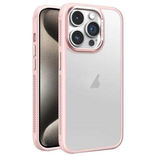 Estuche para Teléfono iPhone 15 Pro Max Marco de Lente Metal Esmerilado Sensación de Piel Enfriamiento (Rosa)
