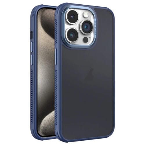 Estuche para teléfono iPhone 15 Pro Max con marco de Lente de metal esmerilado y enfriamiento lateral (Azul)