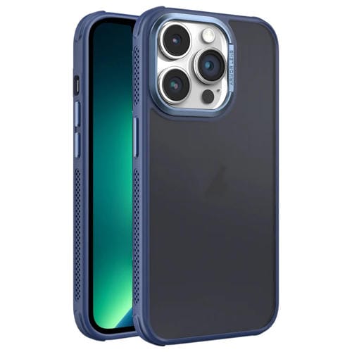 Estuche para Teléfono iPhone 13 Pro Max Marco de Lente Metal Esmerilado Sensación de Piel Enfriamiento Lateral (Azul)