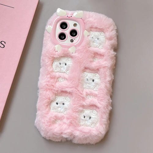 Funda TPU iPhone 14 Pro Max Bordado Felpa Cerdo Blanco