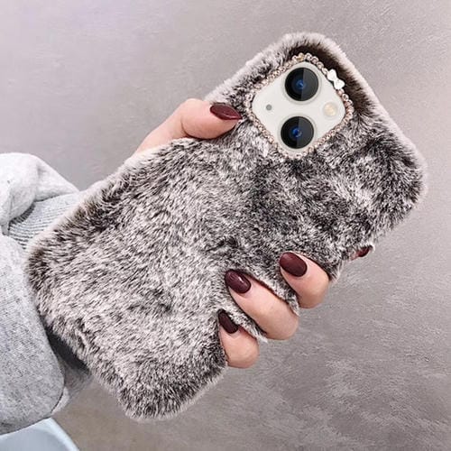 Funda para Teléfono Felpa iPhone 14 Plus Anillo Lente Diamante (Marrón)