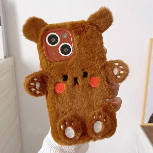 Funda para Teléfono iPhone 14 Plus con Osito de Peluche Sonriente en 3D (Marrón)