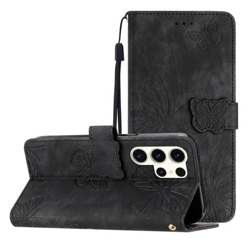 Funda de Piel Samsung Galaxy S25 Ultra 5G con Relieve de Mariposa (Negra)