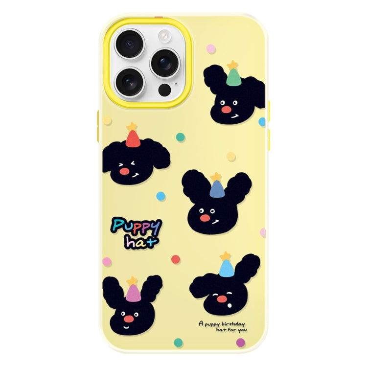 Funda híbrida TPU y PC iPhone 14 Pro con Tacto Sedoso (Sombrero de Cachorro Amarillo)
