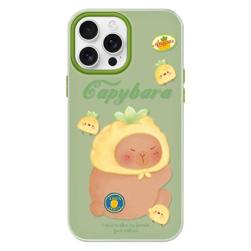 Funda híbrida TPU y PC iPhone 14 Pro Tacto Sedoso y Gelatinoso (Verde Piña y Capibara)