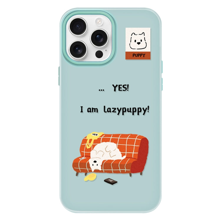 Funda Híbrida TPU y PC iPhone 15 Pro Max Tacto Sedoso (Perrito Perezoso) (Verde Claro)