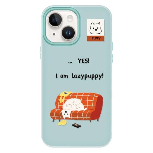 Funda híbrida TPU y PC iPhone 15 Plus Perrito Perezoso con Tacto Sedoso (Verde Claro)