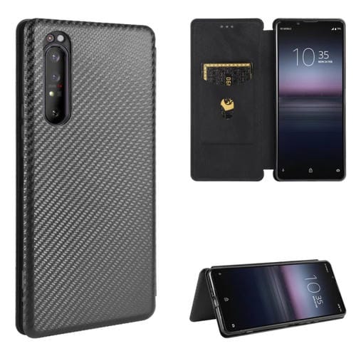 Para Sony Xperia 1 II Funda de cuero con textura de fibra de carbono magnética con tapa horizontal TPU + PC + PU con ranura para tarjeta (negro)