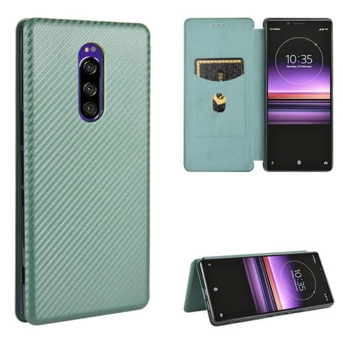 Para Sony Xperia 1 Funda de cuero con tapa magnética horizontal con textura de fibra de carbono TPU + PC + PU con ranura para tarjeta (verde)