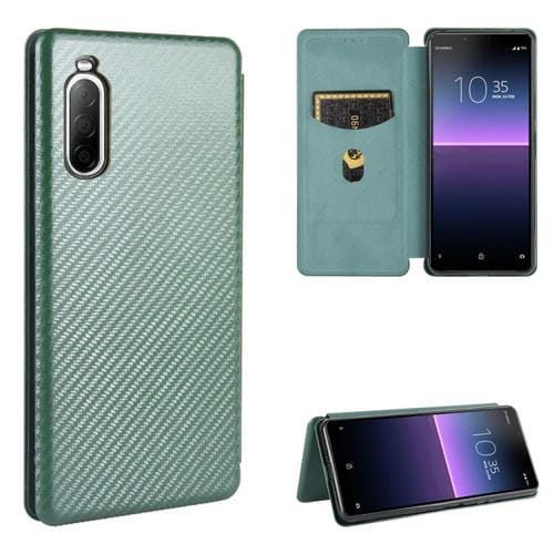 Para Sony Xperia 10 II Funda de cuero con textura de fibra de carbono magnética con tapa horizontal TPU + PC + PU con ranura para tarjeta (verde)