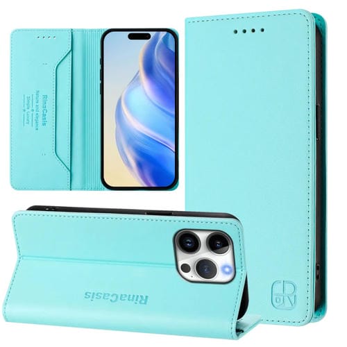 Funda de Cuero para iPhone 16 Pro Rc01 Doble Pliegue Succión Magnética (Verde Menta)