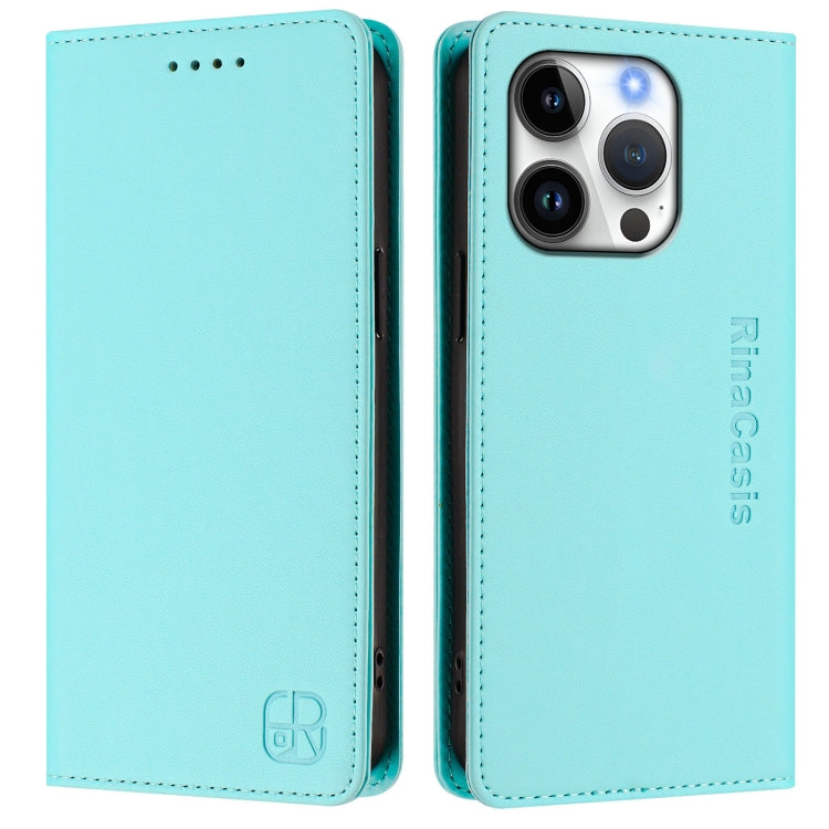 Funda de Cuero para iPhone 16 Pro Rc01 Doble Pliegue Succión Magnética (Verde Menta)