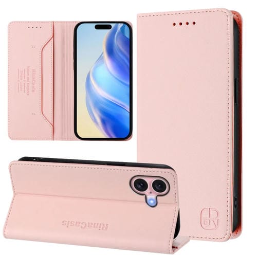 Funda de Cuero Rc01 para iPhone 16 Plus con Doble Pliegue y Succión Magnética (Rosa)