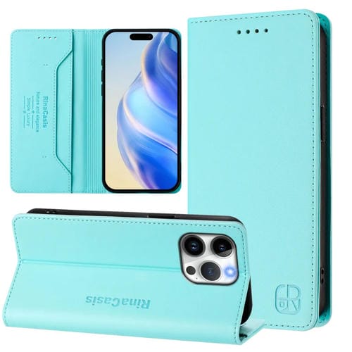 Funda de Cuero Rc01 para iPhone 15 Pro Max con Doble Pliegue y Succión Magnética (Verde Menta)