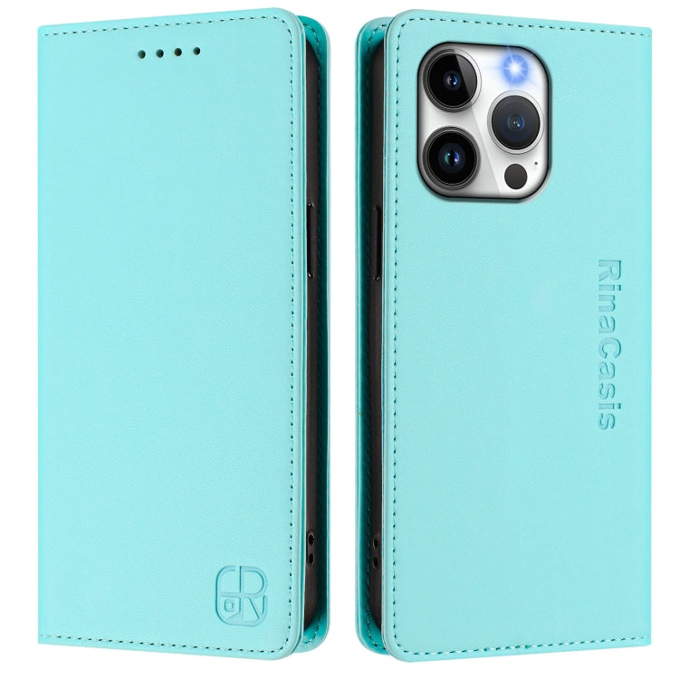Funda de Cuero Rc01 para iPhone 15 Pro Max con Doble Pliegue y Succión Magnética (Verde Menta)