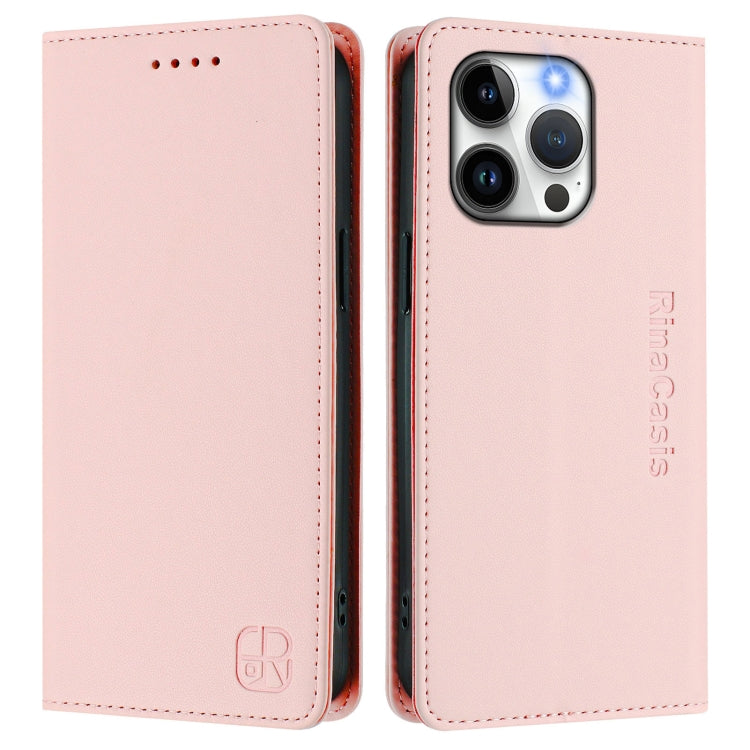 Funda de Cuero para iPhone 15 Pro Max Rc01 Doble Pliegue Succión Magnética (Rosa)