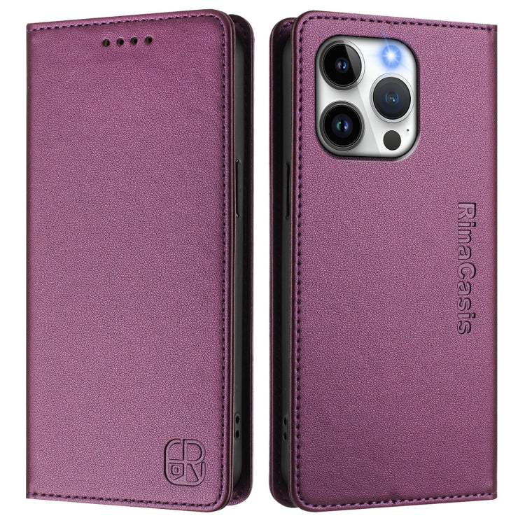 Funda de Cuero Rc01 para iPhone 15 Pro Max con Doble Pliegue y Succión Magnética (Violeta)