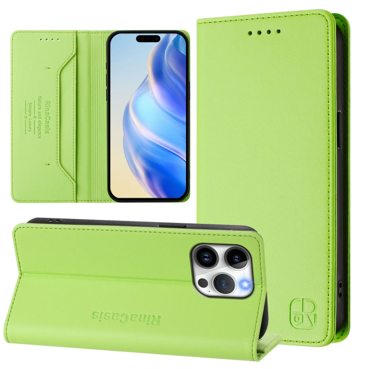 Funda de Cuero Rc01 para iPhone 15 Pro con Doble Pliegue y Succión Magnética (Verde Hierba)