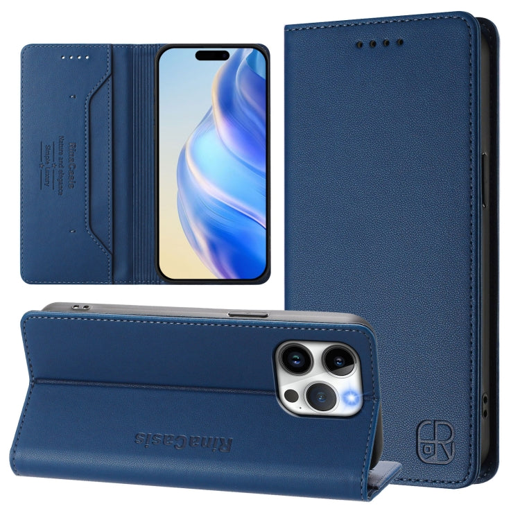 Funda de Cuero para iPhone 15 Pro Rc01 con Doble Pliegue y Succión Magnética (Azul Oscuro)